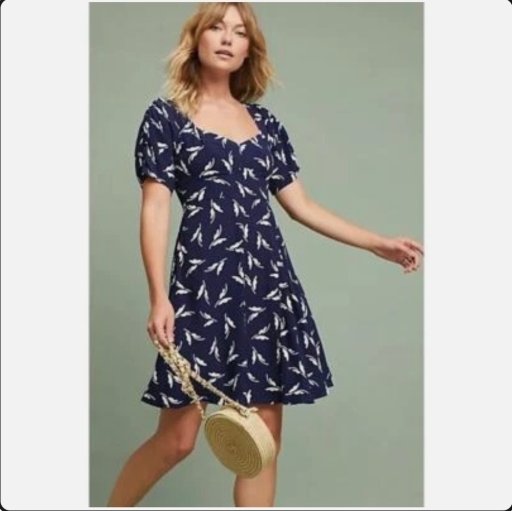 Maeve Navy Mini Dress with White Leaf Print - Picture 2 of 10